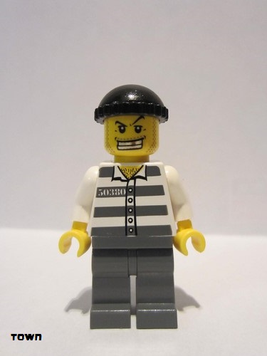lego 2005 mini figurine cty0007 Police - Jail Prisoner 50380 Prison Stripes, Dark Bluish Gray Legs, Black Knit Cap, Gold Tooth 