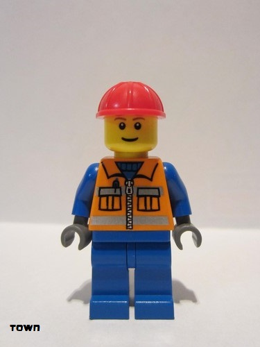 lego 2005 mini figurine cty0009 Construction Worker Orange Zipper, Safety Stripes, Blue Arms, Blue Legs, Red Construction Helmet 