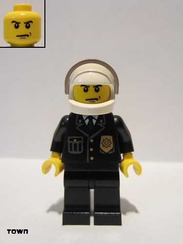 lego 2005 mini figurine cty0013 Police City Suit with Blue Tie and Badge, Black Legs, White Helmet, Trans-Black Visor, Scowl 