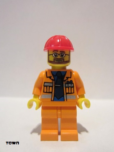 lego 2005 mini figurine cty0015 Construction Foreman Orange Jacket with Blue Shirt, Dark Blue Tie, Red Construction Helmet 