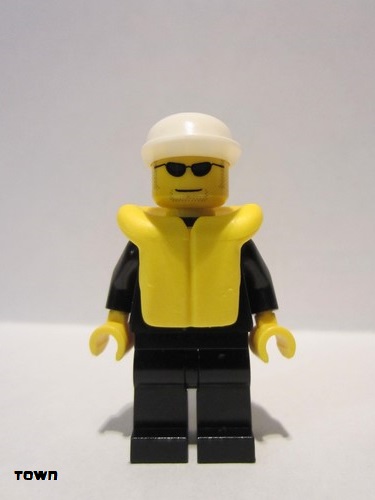 lego 2005 mini figurine cty0019 Police City Suit with Blue Tie and Badge, Black Legs, Sunglasses, White Cap, Life Jacket 