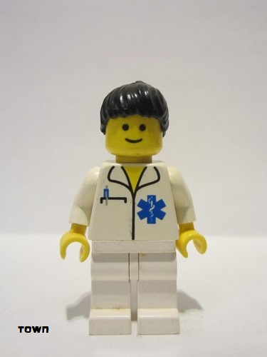 lego 2005 mini figurine doc019 Doctor EMT Star of Life, White Legs, Black Ponytail Hair 