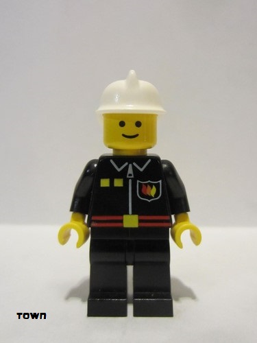 lego 2005 mini figurine firec022 Fire Flame Badge and 2 Buttons, Black Legs, White Fire Helmet, Black Legs, Smile 
