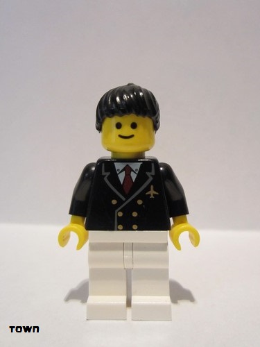 lego 2006 mini figurine air030 Airport - Pilot With Red Tie and 6 Buttons, White Legs, Black Ponytail Hair, Standard Grin 