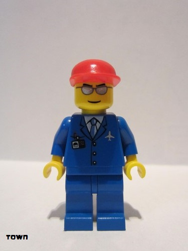 lego 2006 mini figurine air036 Airport Blue 3 Button Jacket & Tie, Red Cap, Silver Sunglasses with Thin Smile 