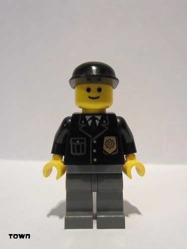 lego 2006 mini figurine cop048 Police City Suit with Blue Tie and Badge, Dark Bluish Gray Legs, Black CapWhite Torso with 8 Buttons, Black Legs, Standard Grin 