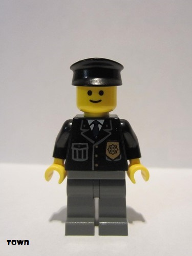 lego 2006 mini figurine cop050 Police City Suit with Blue Tie and Badge, Dark Bluish Gray Legs, Black Hat 