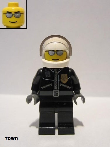 lego 2006 mini figurine cty0027 Police City Leather Jacket with Gold Badge, White Helmet, Trans-Black Visor, Silver Sunglasses 