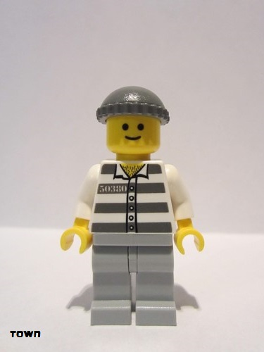lego 2006 mini figurine cty0028 Police - Jail Prisoner 50380 Prison Stripes, Light Bluish Gray Legs, Dark Bluish Gray Knit Cap 