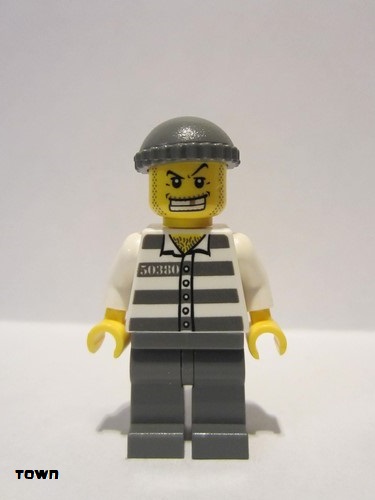 lego 2006 mini figurine cty0040 Police - Jail Prisoner 50380 Prison Stripes, Dark Bluish Gray Legs, Dark Bluish Gray Knit Cap, Gold Tooth 