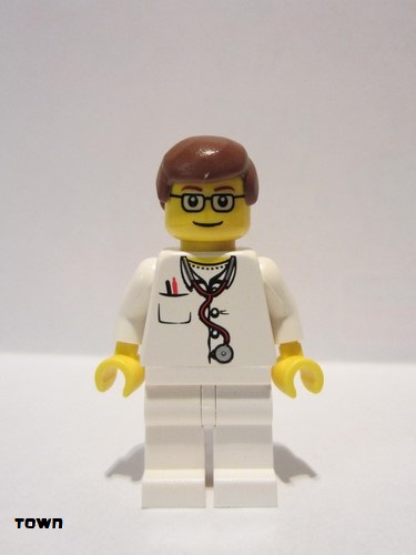 lego 2006 mini figurine doc021 Doctor Lab Coat Stethoscope and Thermometer, White Legs, Reddish Brown Male Hair, Glasses 