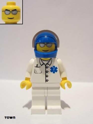 lego 2006 mini figurine doc022 Doctor EMT Star of Life Button Shirt, White Legs, Blue Helmet, Trans-Black Visor 