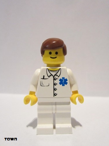 lego 2006 mini figurine doc027 Doctor EMT Star of Life Button Shirt, White Legs, Reddish Brown Male Hair 