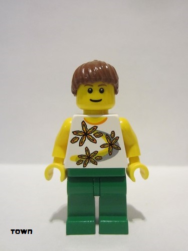 lego 2006 mini figurine twn064 Citizen Yellow Flowers - Reddish Brown Ponytail Hair, Green Legs 