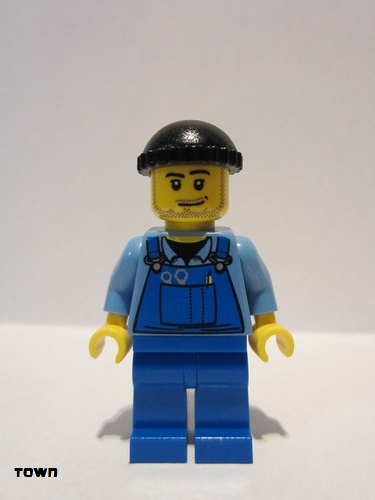 lego 2007 mini figurine boat011 Citizen Overalls with Tools in Pocket Blue, Black Knit Cap, Smirk and Stubble Beard 