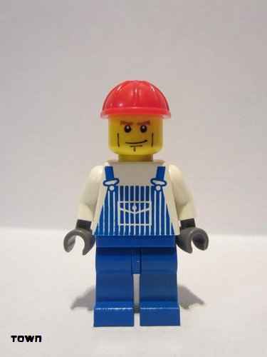 lego 2007 mini figurine ovr031 Citizen Overalls Striped Blue with Pocket, Blue Legs, Red Construction Helmet, Cheek Lines, Dark Bluish Gray Hands 