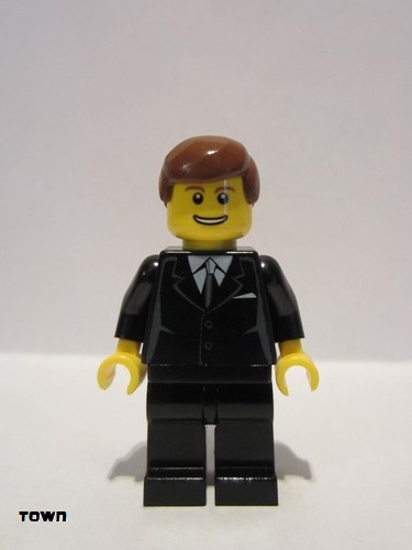 lego 2007 mini figurine trn142 Citizen Suit Black, Reddish Brown Male Hair, Thin Grin with Teeth 