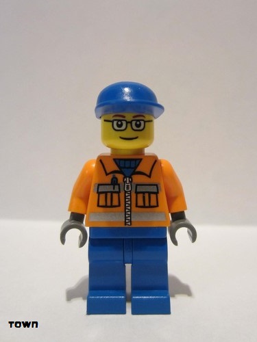 lego 2008 mini figurine cty0053 Ground Crew Orange Zipper, Safety Stripes, Orange Arms, Blue Legs, Blue Cap, Glasses 