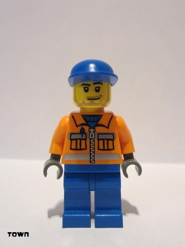 lego 2008 mini figurine cty0054 Ground Crew Orange Zipper, Safety Stripes, Orange Arms, Blue Legs, Blue Cap, Smirk and Stubble 