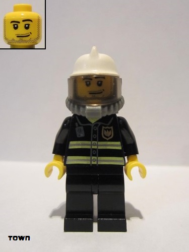 lego 2008 mini figurine cty0891 Fire Reflective Stripes, Black Legs, White Fire Helmet, Smirk and Stubble Beard, Breathing Neck Gear with Yellow Airtanks 