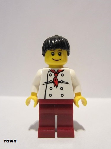 lego 2008 mini figurine twn066 Chef White Torso with 8 Buttons, Dark Red Legs, Black Ponytail Hair 
