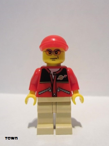 lego 2009 mini figurine cty0129a Citizen Red Jacket with Zipper Pockets and Classic Space Logo, Tan Legs, Red Short Bill Cap 