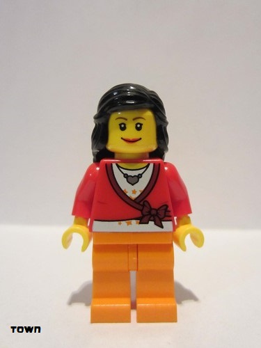 lego 2009 mini figurine cty0149 Citizen Sweater Cropped with Bow, Heart Necklace, Orange Legs, Black Female Hair Mid-Length 