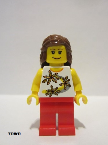 lego 2009 mini figurine twn089 Citizen Yellow Flowers, Red Legs, Reddish Brown Female Hair Mid-Length 
