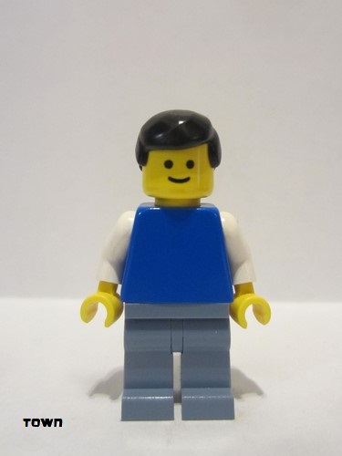 lego 2009 mini figurine twn095 Citizen Plain Blue Torso with White Arms, Sand Blue Legs, Black Male Hair 
