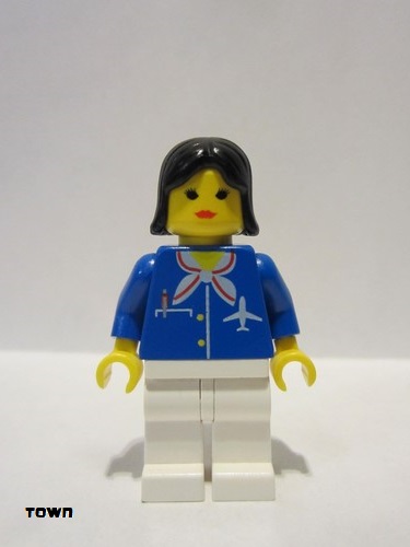 lego 2010 mini figurine air010b Airport Blue with Scarf, Black Female Hair (Reissue) - The reissued figure can be distinguished from the original by the larger attachment ribs in the torso interior. 