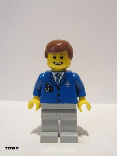 lego 2010 mini figurine air045 Airport Blue 3 Button Jacket & Tie, Light Bluish Gray Legs, Reddish Brown Male Hair, Thin Grin with Teeth 