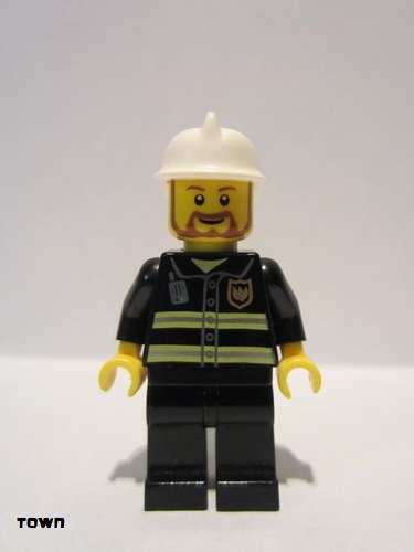 lego 2010 mini figurine cty0055 Fire Reflective Stripes, Black Legs, White Fire Helmet, Brown Beard Rounded 