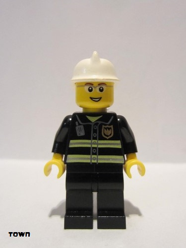 lego 2010 mini figurine cty0056 Fire Reflective Stripes, Black Legs, White Fire Helmet, Glasses and Open Smile 