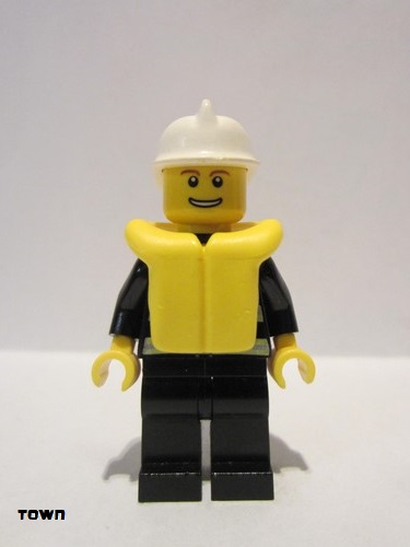 lego 2010 mini figurine cty0116b Fire Reflective Stripes, Black Legs, White Fire Helmet, Thin Grin with Teeth, Life Jacket 