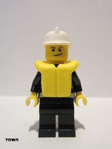 lego 2010 mini figurine cty0117b Fire Reflective Stripes, Black Legs, White Fire Helmet, Crooked Smile, Life Jacket 