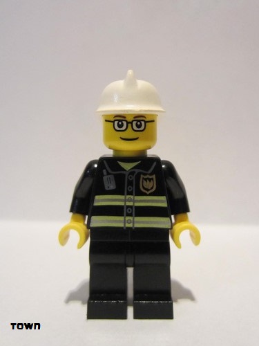 lego 2010 mini figurine cty0164 Fire Reflective Stripes, Black Legs, White Fire Helmet, Glasses and Brown Thin Eyebrows 