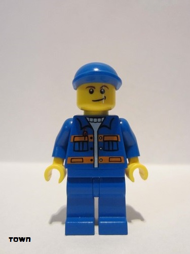lego 2010 mini figurine cty0258 Citizen Blue Jacket with Pockets and Orange Stripes, Blue Legs, Blue Short Bill Cap, Crooked Smile 