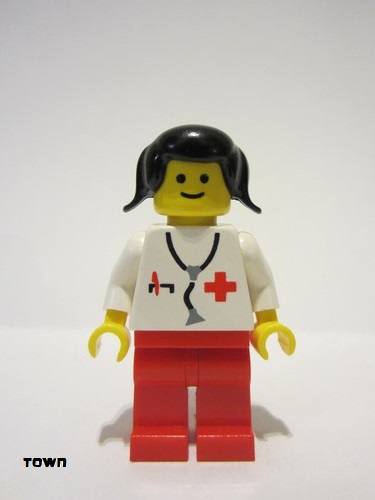 lego 2010 mini figurine doc001b Doctor Stethoscope, Red Legs, Black Pigtails Hair (Reissue) 