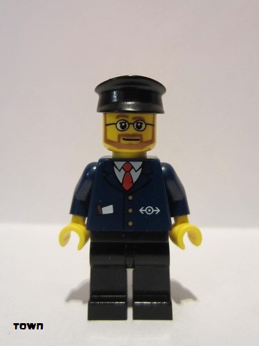 lego 2010 mini figurine trn223 Citizen Dark Blue Suit with Train Logo, Black Legs, Black Hat, Beard and Glasses 