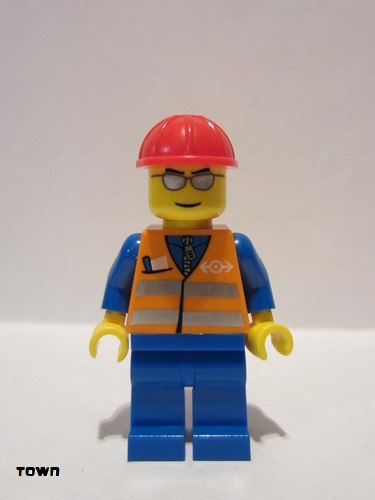 lego 2010 mini figurine trn225 Citizen Orange Vest with Safety Stripes - Blue Legs, Silver Glasses, Red Construction Helmet 