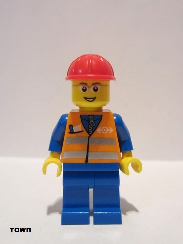 lego 2010 mini figurine trn226 Citizen Orange Vest with Safety Stripes - Blue Legs, Gray Frame Glasses, Red Construction Helmet 