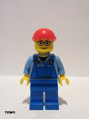 lego 2010 mini figurine trn227 Citizen Overalls with Tools in Pocket, Blue Legs, Red Short Bill Cap, Glasses with Brown Thin Eyebrows 