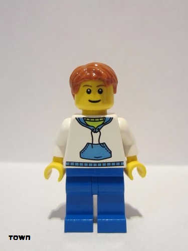 lego 2010 mini figurine twn099 Citizen White Hoodie with Blue Pockets, Blue Legs, Dark Orange Short Tousled Hair 