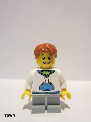lego 2010 mini figurine twn112 Citizen White Hoodie with Blue Pockets, Light Bluish Gray Short Legs, Dark Orange Short Tousled Hair 