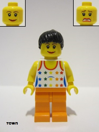 lego 2010 mini figurine twn114 Citizen Shirt with Female Rainbow Stars Pattern, Orange Legs, Black Ponytail Hair 