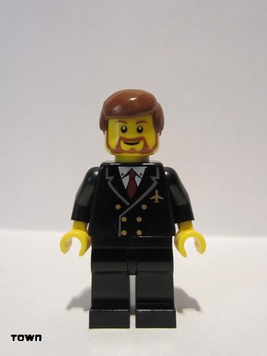 lego 2011 mini figurine air048 Airport - Pilot With Red Tie and 6 Buttons, Black Legs, Reddish Brown Hair, Brown Beard Rounded 