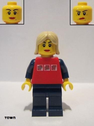 lego 2011 mini figurine cty0119 Citizen Red Shirt with 3 Silver Logos, Dark Blue Arms, Dark Blue Legs, Tan Female Hair 