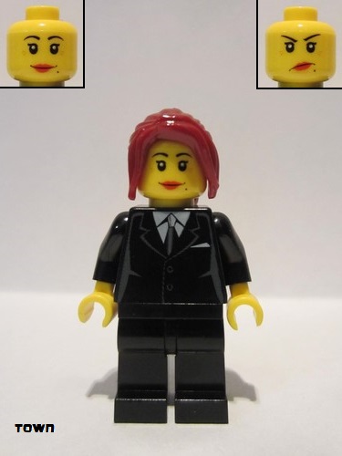 lego 2011 mini figurine cty0183 Citizen Suit Black, Dark Red Hair Ponytail Long, Female Dual Sided Head 
