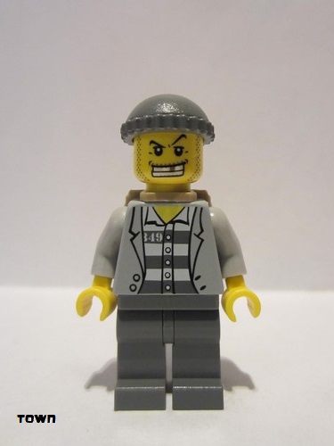 lego 2011 mini figurine cty0201 Police - Jail Prisoner Jacket over Prison Stripes, Dark Bluish Gray Legs, Dark Bluish Gray Knit Cap, Gold Tooth, Backpack 