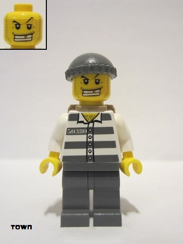 lego 2011 mini figurine cty0203 Police - Jail Prisoner 50380 Prison Stripes, Dark Bluish Gray Legs, Dark Bluish Gray Knit Cap, Gold Tooth, Backpack 
